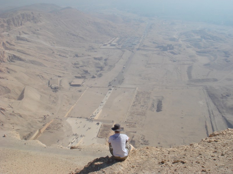 Luxor - The view down onto Hatshepsut from the top of the ridge that separates it from the Valley of the Kings