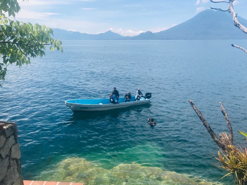 Diving at Lake Atitlan in altitude diving with volcanoes in the background