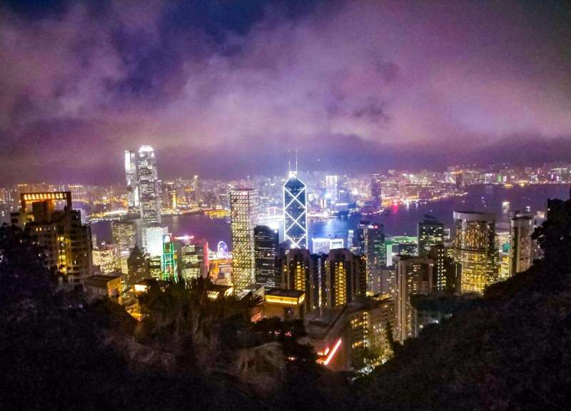 Evening views of Victoria Harbour from Hong Kong's Peak Lookout