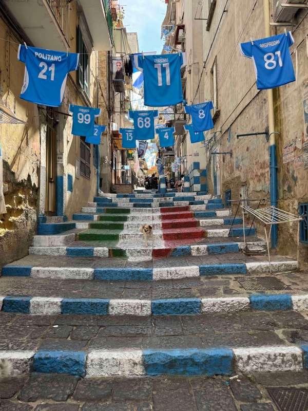 Sorrento Peninsular - steps with Napoli shirts in the Spanish Quarter