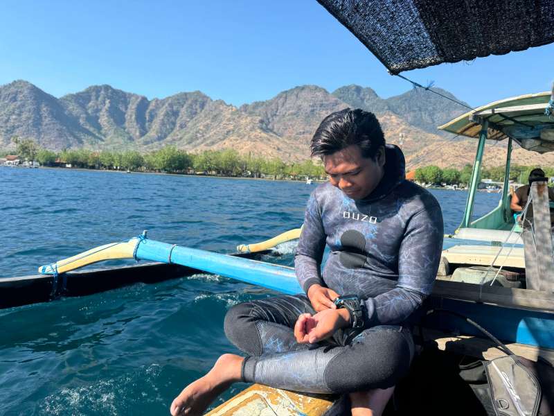 Scuba diving in the Pulau Menjangan Nature Reserve, with its views back up to the hills of Pemuteran. Northern Bali, Indonesia