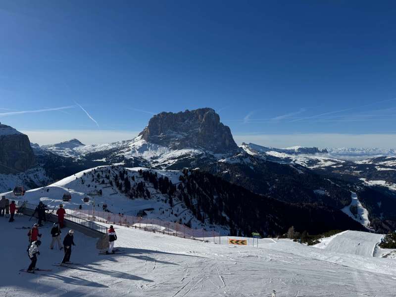 Views from the Dantercepies Mountain Lodge and fairly reflective of the type of slopes you'll experience on the Sellaronda Ski Circuit