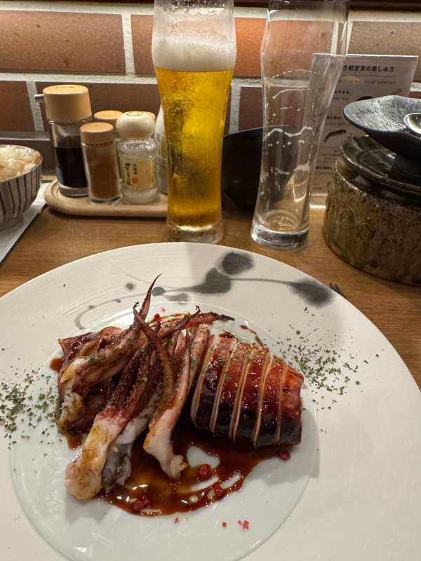 Hokkaido road trip - grilled squid and a beer, standard Japan food quality even in the wilderness